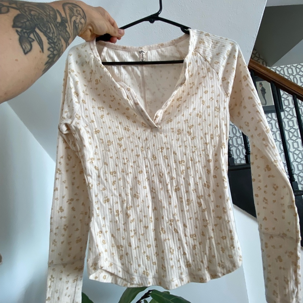 Free People Cream Floral Long Sleeve Blouse